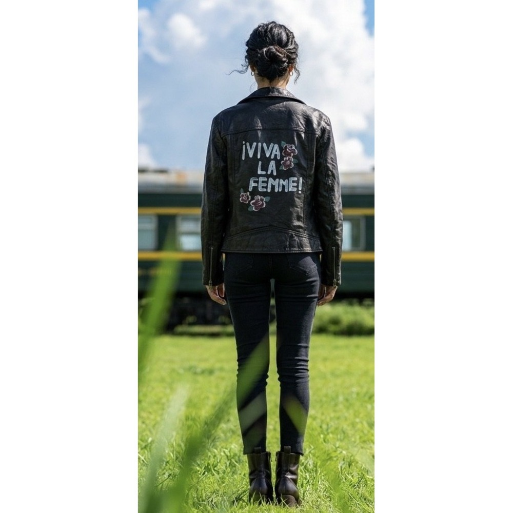 Joie Viva La Femme Black Lamb Leather Moto Jacket Floral Graphic  Size M - Picture 2 of 11